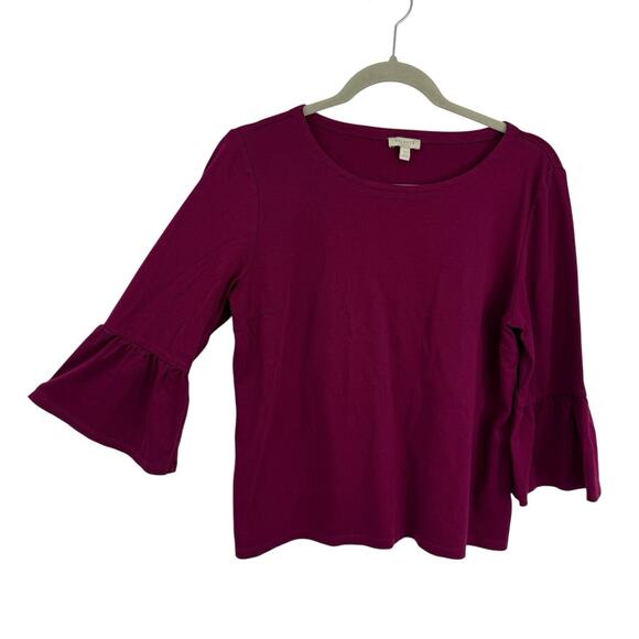 Talbots Tee LP Solid Plum Cotton Flare Ruffle 3/4 Sleeve Round Neck Pullover - Picture 1 of 9